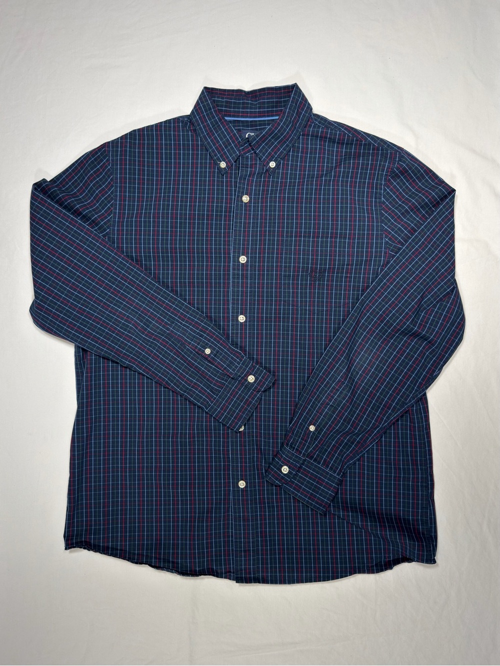 Chaps Men’s Button Down Shirt Size L Navy Plaid Long Sleeve Stretch Easy Care